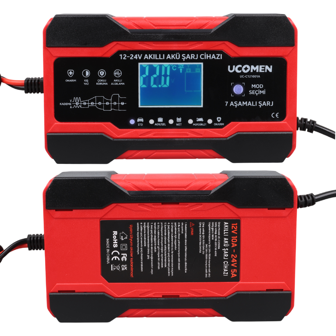 UCOMEN UC-C121001A KIRMIZI 12/24 VOLT MAX 10 AMPER LED GÖSTERGELİ AKÜ ŞARJ CİHAZI