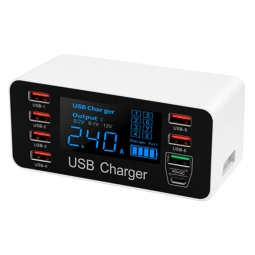 Powermaster PM-26057 8 Portlu LCD Ekranlı Akıllı USB Ve Type-C PD Şarj İstasyonu