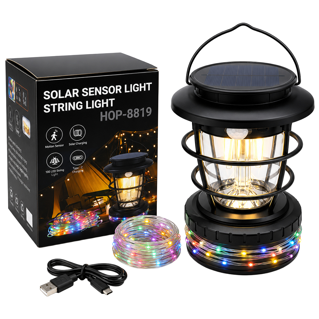 Powermaster HOP-8819 Solar Güneş Panelli Sensörlü Kamp Lambası (Filament + SMD + RGB Şerit)