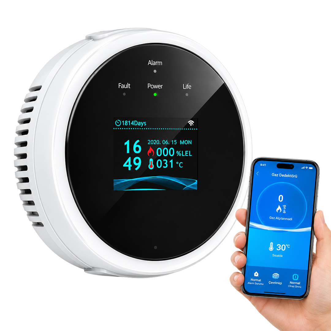 Sunup SN-38805 Wi-Fi Akıllı Doğal Gaz ve Sıcaklık Ev Tipi Kaçak Dedektörü TFT Ekranlı 