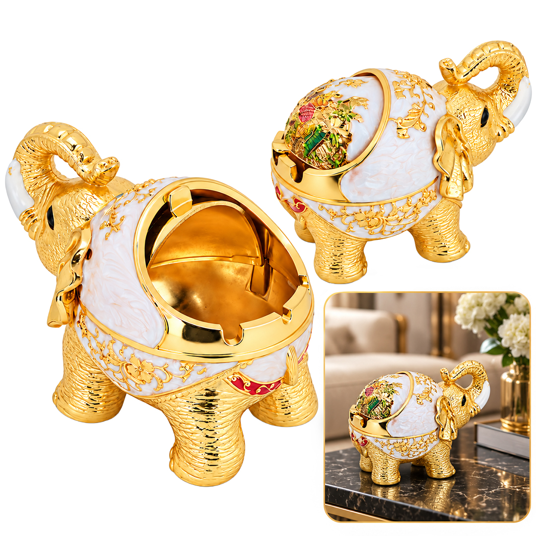 Sunup SN-38892 Fil Figürlü Dekoratif Küllük Beyaz Gold İşlemeli Sürgülü