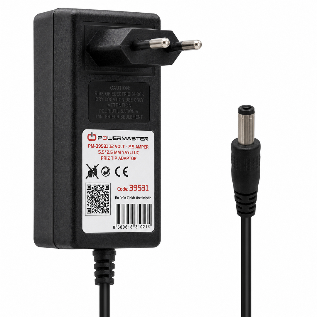 Powermaster PM-39531 Siyah 12 Volt - 2.5 Amper Plastik Kasa 5.5*2.5 Mm Yaylı Uç Priz Tipi Adaptör