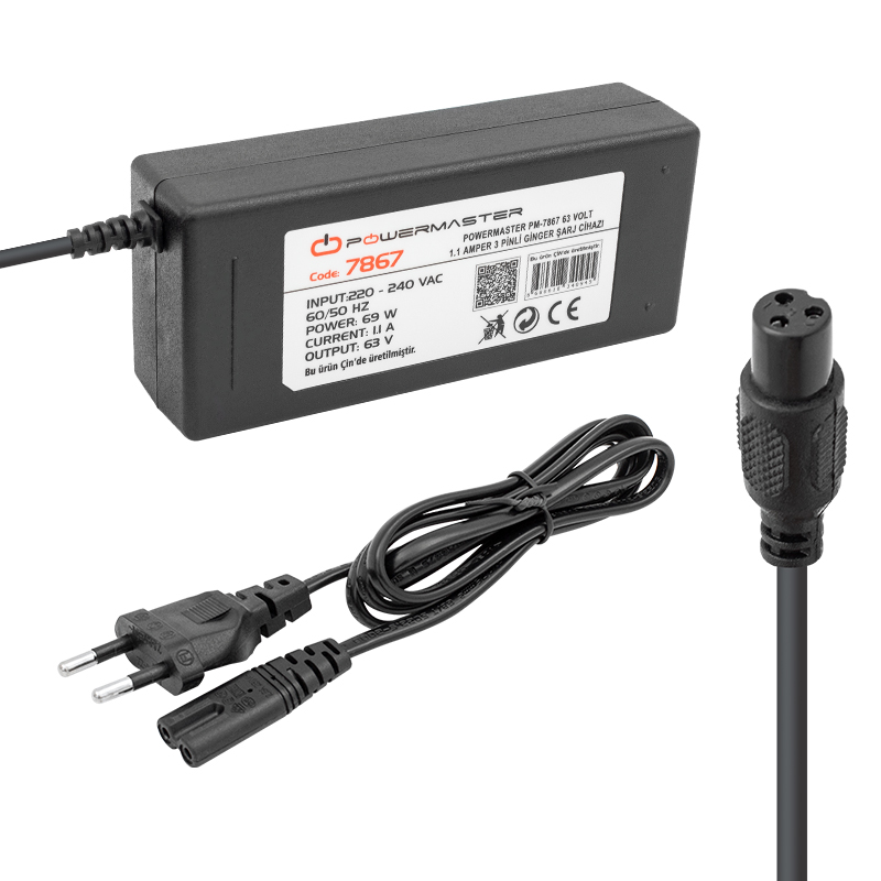 POWERMASTER PM-7867 63 VOLT- 1.1 AMPER - 69 WATT 3 PİNLİ MASAÜSTÜ GİNGER ŞARJ CİHAZI ADAPTÖRÜ